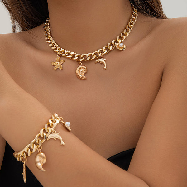 Creative Boho Conch Dolphin Starfish Pendant Choker Necklace Bracelets Women Trendy Vintage Tassel Chain Grunge Jewellery Fashion Jewellery